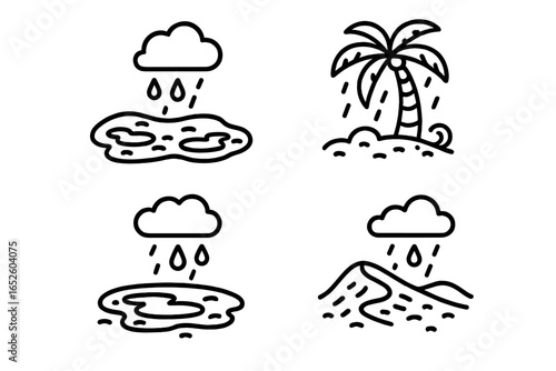 Rain in the desert outline icon set. Vector linear symbols of wet weather, muddy puddle, soaked sand dune, and oasis palm tree. Climate change concept illustration.