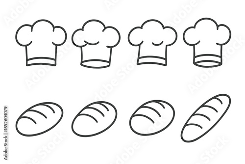 Chef hat and bread loaf line icon set. Simple culinary vector graphics for baker, bakery, or restaurant branding. Minimalist cooking and baking outline symbols.