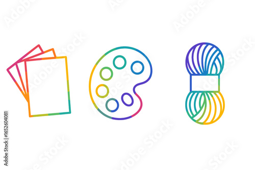 Rainbow craft supplies icon set. Outline art tools for hobby and creativity. Colorful vector illustration of paper sheets, paint palette, and yarn skein for DIY projects.