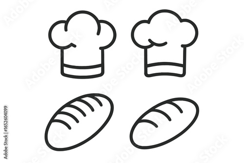 Chef hat and bread loaf line art icon set. Simple culinary symbols for bakery, restaurant, cafe, and kitchen branding. Minimalist cook, baker, toque, food elements for logo.