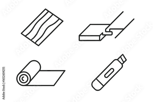 Laminate flooring installation icon set. Vector line art of floor setup with plank, click-lock joint, underlayment pad, and utility knife. Home improvement concept.