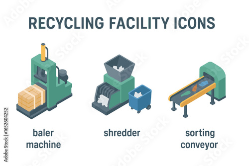 Recycling facility icons. Isometric flat icon set of facility operations like a baler machine, shredder, sorting conveyor. Waste management and separation vector illustration.