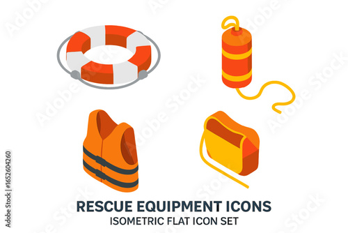 Rescue equipment icons isometric flat icon set. Lifesaving life ring buoy, rescue throw bag, flotation vest. Water safety gear vector illustration for emergency.