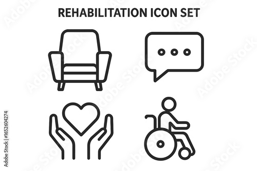 Rehabilitation and counseling services icon set. Outline pictograms for disability support, physical therapy, patient care, and mental health. Vector symbols for web and app.