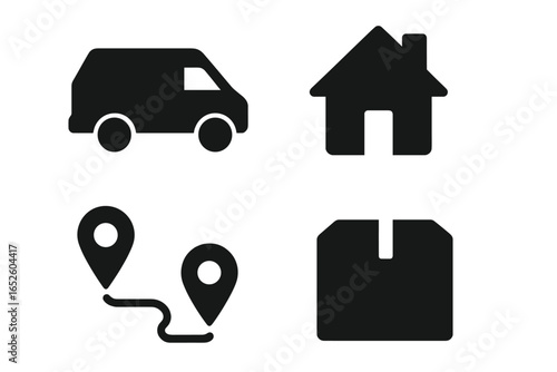Shipping and logistics vector icon set. Last mile delivery symbols. Courier van, home address, parcel tracking route, and package box solid glyphs for web and apps.