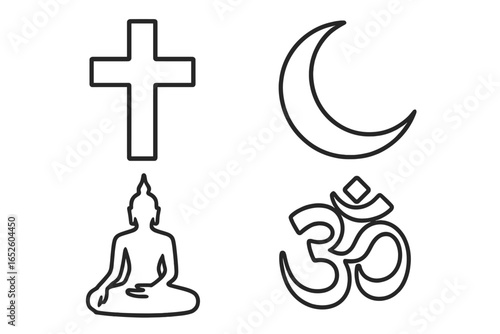 World religions outline icon set. Symbols of major faiths: Christian cross, Islamic crescent moon, meditating Buddha silhouette, Hindu Om. Spiritual diversity vector.