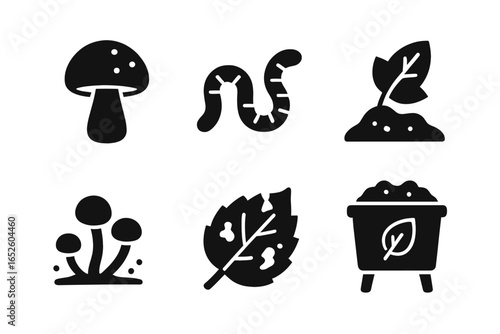 Leaf decay and compost solid icon set. Vector glyphs of mushroom, earthworm, soil, fungus, leaf mold, compost bin. Concepts of organic waste and eco gardening.