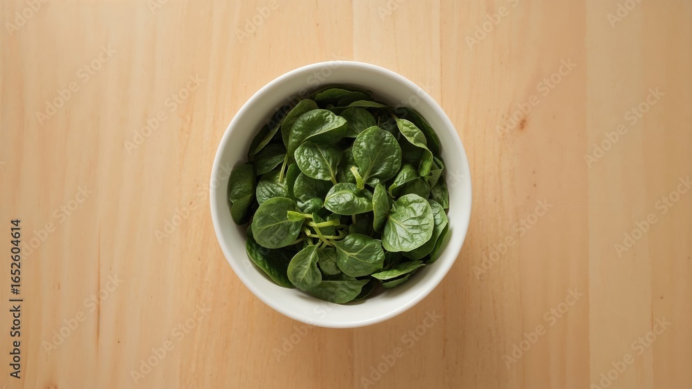 Fresh spinach arranged inside a bowl on a light wooden table, seen from the top, with room for notes. Fresh spinach arranged inside a bowl on a light wooden table, seen from the top, with room for notes.