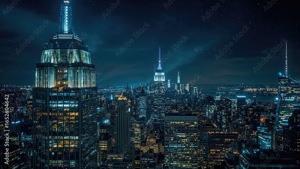 Obraz premium Night scene featuring lights in skyscraper windows
