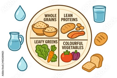 Healthy eating plate infographic, vector concept for a balanced diet. Nutrition guide with main food groups like lean proteins, whole grains, and vegetables. Meal plan chart.