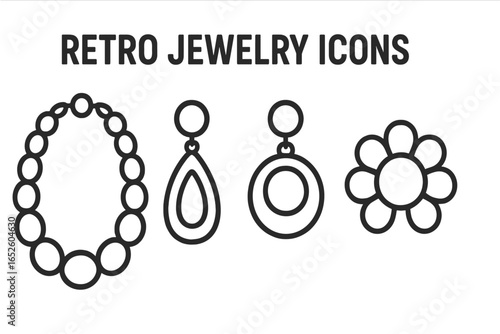 Retro jewelry icons. Outline icon set of 1960s costume jewelry. Chunky plastic bead necklace, oversized acrylic earrings, flower brooch. Vector design elements for fashion.