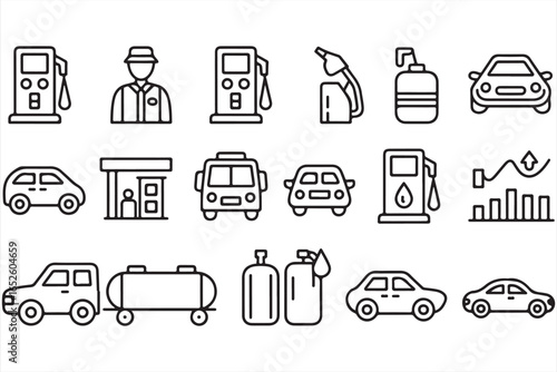 Fuel and Transportation Line Icons Vector Set for Automotive and Energy Industry