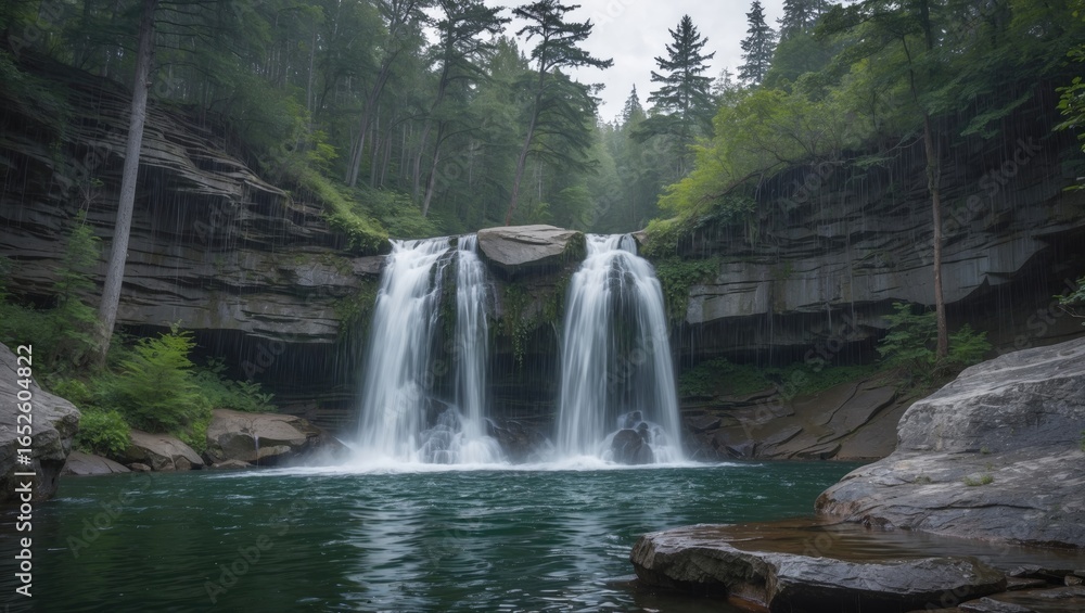 Fototapeta premium Relaxing woman by a waterfall in a nature reserve