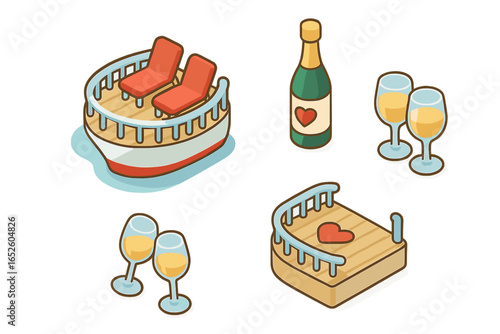 Romantic Cruise Isometric Icons Set, Flat Vector Illustration of Cruise Ship Deck with Two Chairs, Heart Decor, Champagne Bottle and Wine Glasses, Romantic Vacation Symbols