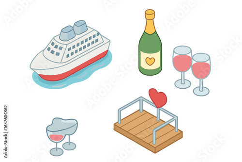 Romantic Cruise Isometric Flat Icon Set Featuring Cruise Ship, Deck with Heart, Champagne Bottle, and Wine Glasses – Elegant Love and Travel Vector Illustration