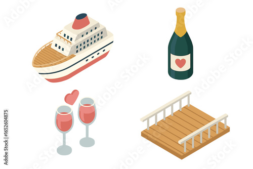 Romantic Cruise Icons, Isometric Flat Vector Set with Cruise Ship, Champagne Bottle, Two Wine Glasses with Heart, Wooden Deck, Love and Celebration Themes