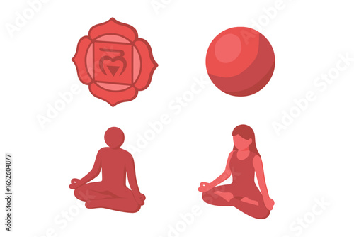 Root Chakra Energy Icons Isometric Flat Icon Set with Root Chakra Symbol, Red Sphere, and Meditating Figures for Spiritual Energy Balancing and Meditation Vector Illustration