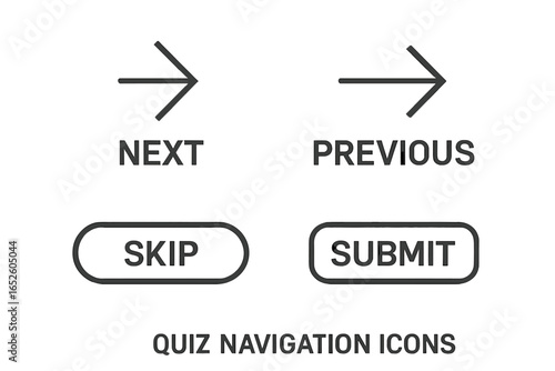Set of linear quiz navigation buttons. Next and previous arrows, skip and submit control icons. Simple outline UI kit for web and mobile app interface design vector.