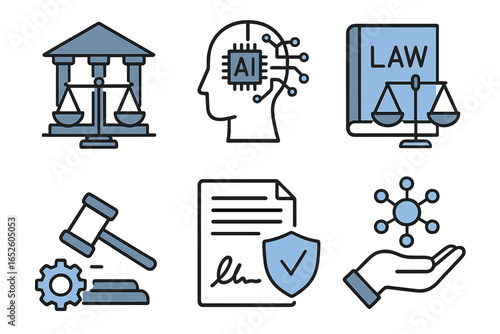 AI law and ethics icon set. Legal technology, machine learning regulation, and compliance concept. Artificial intelligence in the justice system, intellectual property and robot ethics.