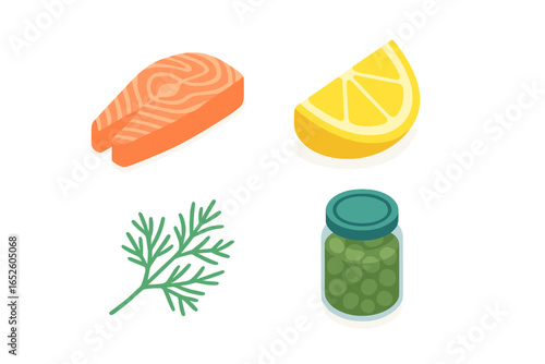 Isometric Flat Icons of Salmon Side Dishes and Accompaniments with Lemon Wedge, Dill Sprig, and Capers Jar Vector Illustration