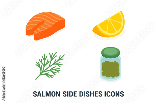Isometric flat vector icons of fresh salmon steak with lemon wedge, dill sprig, and capers jar, seafood side dishes set, cooking ingredients illustration