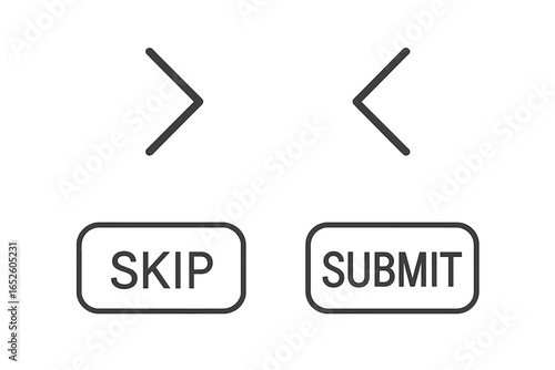 Quiz navigation icons set. Outline vector illustration of user interface control elements. Next and previous arrows, skip and submit buttons for web or app design.