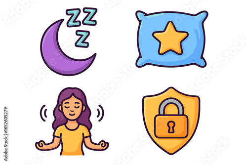 Sleep, relaxation, and security icon set. Vector cartoon concepts for wellness apps. Includes moon, pillow, meditating woman for calm and mindfulness, and lock shield for safety.