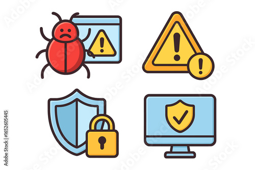 Security icons representing vulnerabilities, alerts, and protection measures in technology and software development, vector cartoon illustration with transparent background