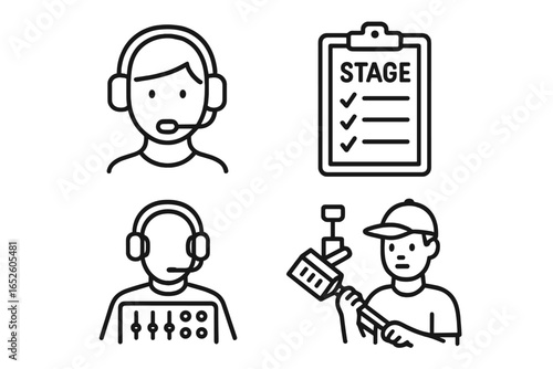 Theater Production and Backstage Roles Icon Set with Director Headset, Stage Manager Clipboard, Sound Technician Console, and Crew Member Equipment Vector Illustration Transparent