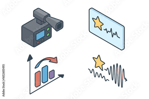 Radial velocity method icon set. Isometric icons for astronomy and exoplanet detection. Doppler shift, spectrograph, star spectrum analysis. Scientific vector illustration.