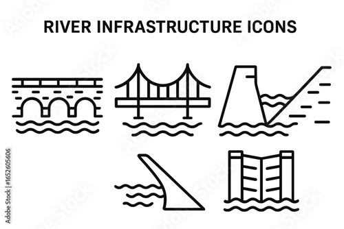 River infrastructure outline icon set. Water management and construction symbols. Vector graphics of stone bridge, suspension bridge, dam, levee, weir, canal lock, sluice.