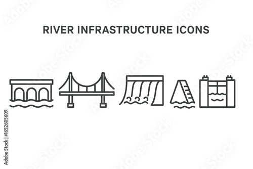 River infrastructure icons outline style. Editable stroke line vector icon set. Stone bridge, suspension bridge, dam, levee, canal lock. Civil engineering collection.