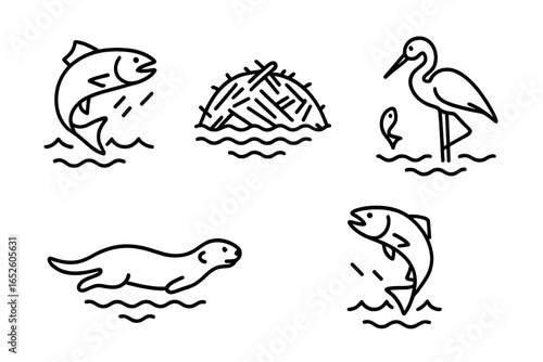 River wildlife icon set. Minimalist outline collection of freshwater animals and nature elements. Includes leaping salmon, swimming otter, fishing heron, and beaver dam.