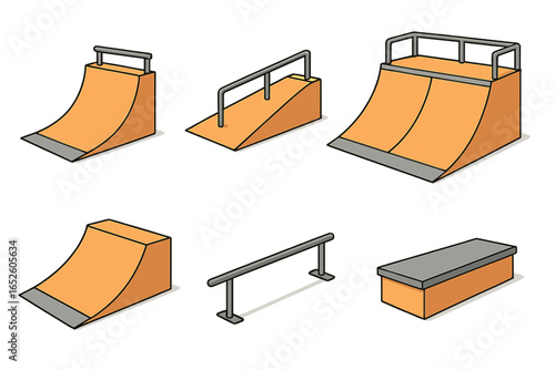 Skate Park Ramps and Rails for Urban Skateboarding and Extreme Sports Activities, Vector Cartoon Illustration on Transparent Background, Set of Six Skateboarding Obstacles