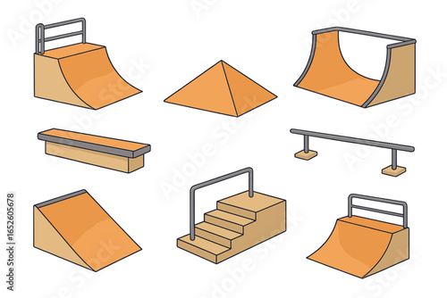 Vector set of skate park ramps and rails for urban skateboarding and extreme sports activities, including quarter pipe, pyramid, half pipe, ledge, stair set with rail, and kicker ramp in cartoon style
