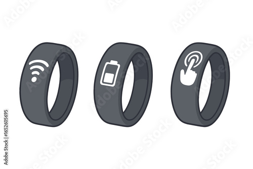 Smart Rings with Modern Symbols for Connectivity, Battery Life, and User Interaction on Transparent Background, Vector Cartoon Illustration of Wearable Technology Accessories