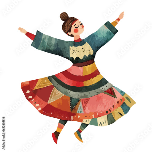 Joyful Dancer in Vibrant PatchworkStyle Dress