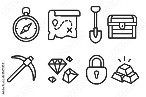 Treasure hunter tools vector icons set with compass, treasure map, shovel, chest, pickaxe, gems, lock, and gold bars outline collection for exploration and adventure