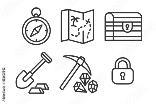 Treasure Hunter Tools Icons Set, Outline Vector Collection of Compass, Map, Shovel, Chest, Pickaxe, Gems, Lock, and Gold Bars for Adventure and Exploration Design