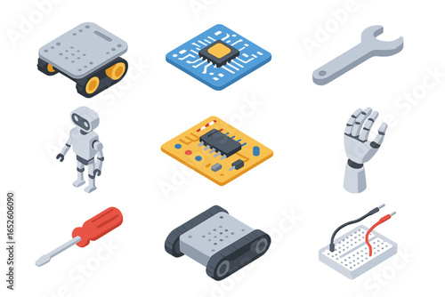 Robotics engineering isometric icon set. Technology concepts: humanoid robot, bionic hand, robot chassis, microcontroller, circuit board, breadboard, tools. Vector illustration.