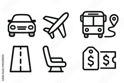 Transportation icons representing diverse travel elements including vehicles, routes, seating, and pricing in a clean vector cartoon style illustration
