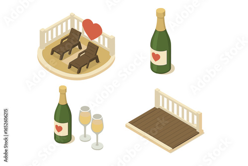 Romantic cruise icon set for love and celebration. Isometric vector illustrations of a ship's deck, lounge chairs, champagne bottle, and glasses for a honeymoon vacation.