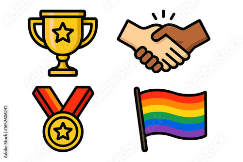 A set of vector icons representing achievement, diversity, and LGBTQ pride. Includes trophy and medal for success, an interracial handshake for inclusion and equality, and a rainbow flag.