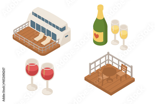 Romantic cruise vacation icons set. Isometric vector illustration of ship deck, champagne, wine glasses, private balcony. Travel, honeymoon, love, celebration concept.