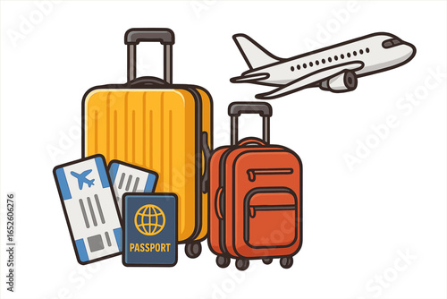 Travel essentials including luggage, boarding passes, passport, and airplane illustration for journey preparation, adventure, and exploration, vector cartoon style