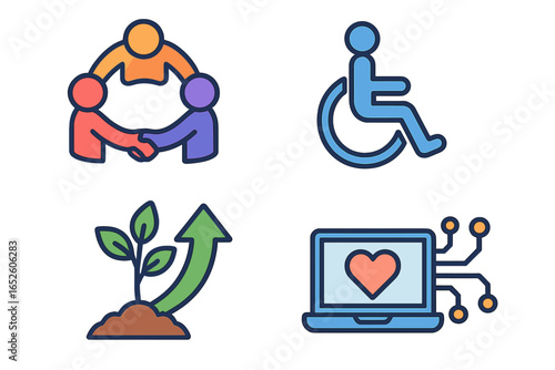Diverse icons for community engagement and inclusion. Symbols of collaboration, disability accessibility, sustainable growth, and digital technology. Teamwork and unity concept.