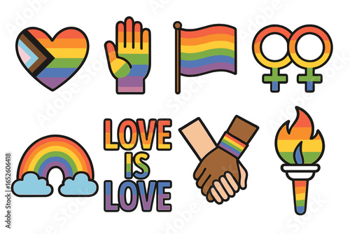LGBTQ pride month icon set. Gay, lesbian, trans love and equality symbols. Rainbow flag, progress heart, diversity hands. Vector cartoon sticker collection for queer community.