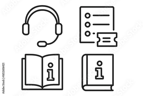 Virtual Support Icons Set of 4 Outline Vector Graphics Including Customer Service Headset with Microphone, Ticket Queue List, Open Knowledge Base Book, and Closed Information Manual Illustration