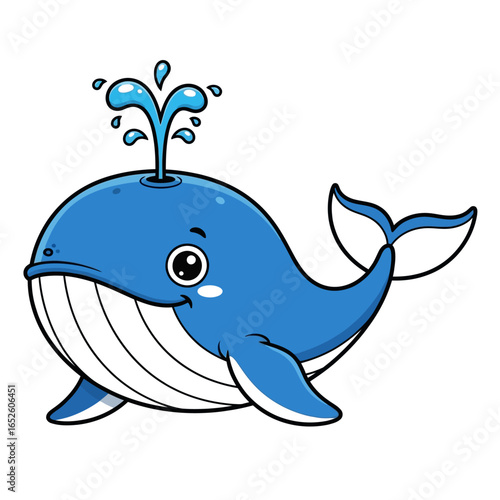 A cartoon whale with a blue body and white belly spraying water from its blowhole on a light blue background
