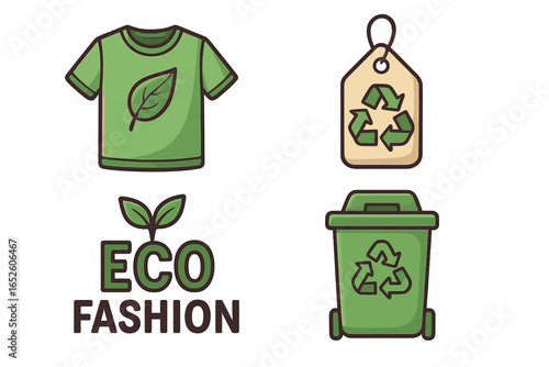 Eco friendly clothing icon set. Sustainable fashion and recycling practices concept. Vector illustration for green living, ethical consumption, and conscious consumerism. Reuse.
